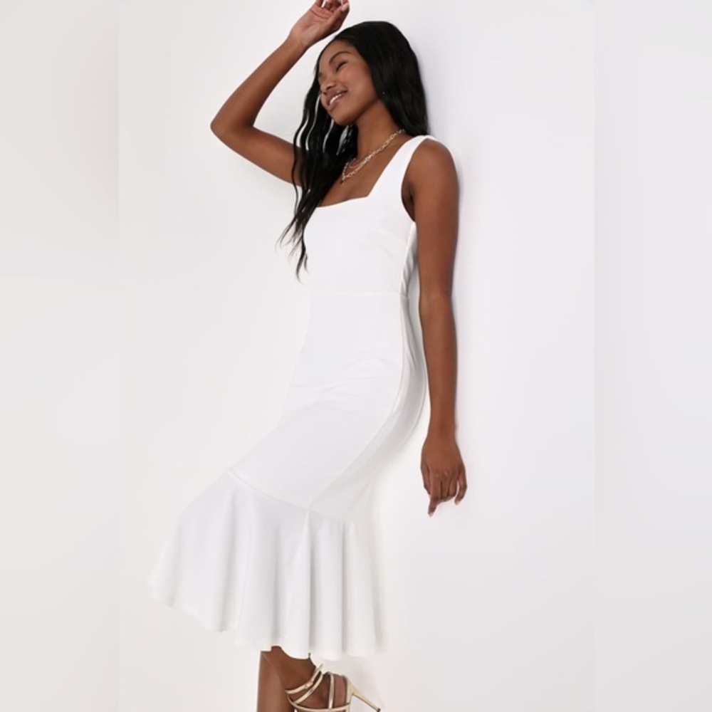 NEW Lulus Moment Maker White Square Neck Trumpet Midi Dress Sz SMALL